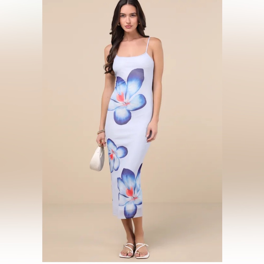 Graciela Periwinkle Floral Mesh Bodycon Midi Dress